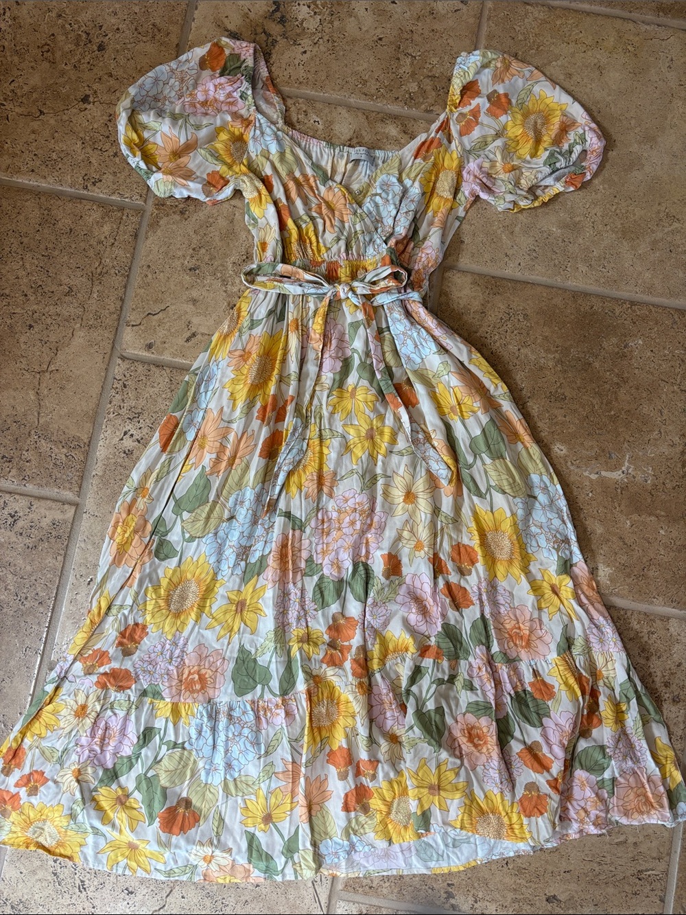 Floral Puff-Sleeve Midi Dress in Yellow & Multi